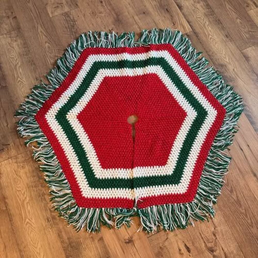 Handmade Crochet Christmas Tree Skirt with Fringe